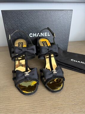 CHANEL Black Satin Bow T-Strap Heels with Gold Insole